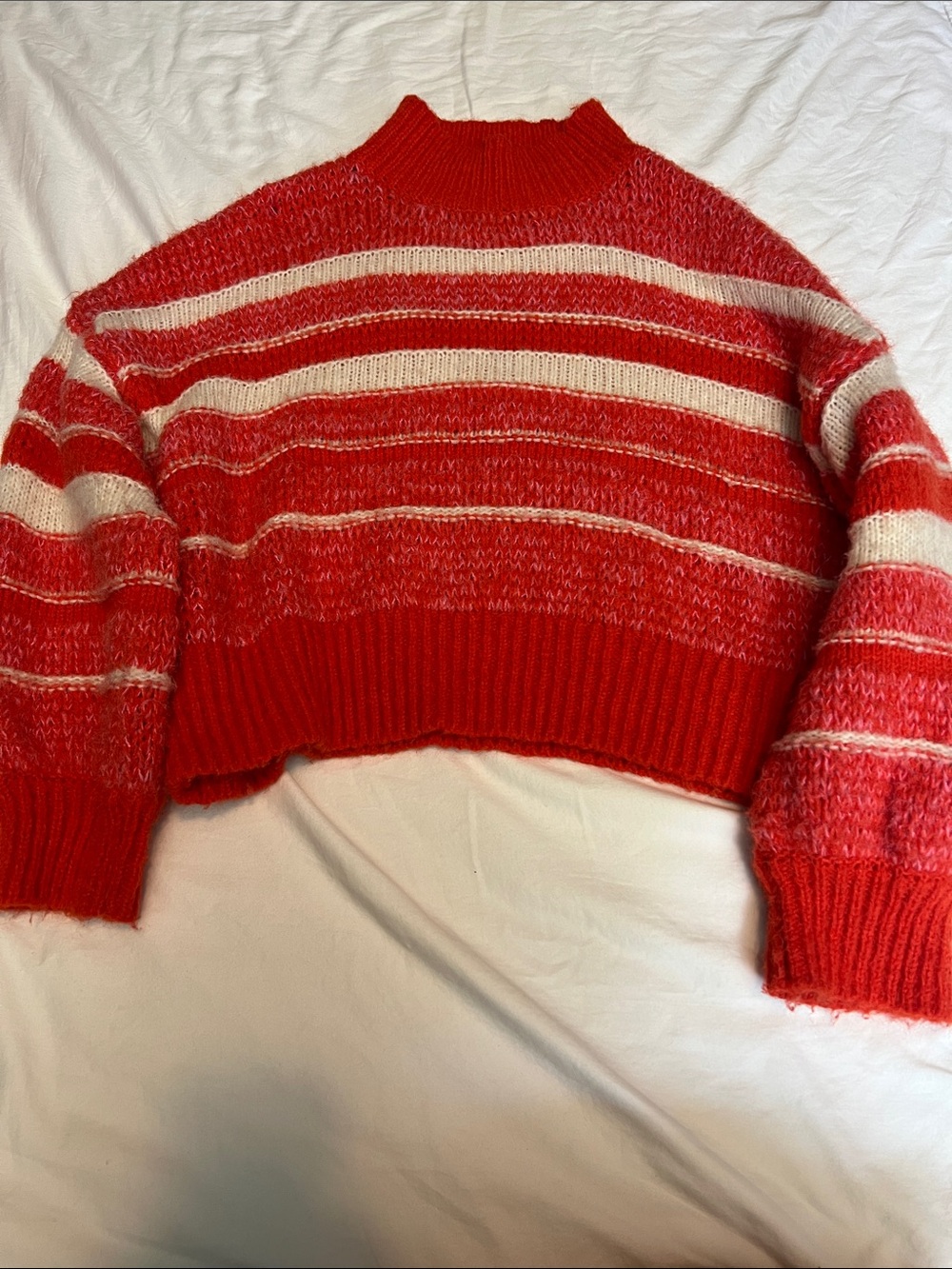 Vero Moda Red and Cream Striped Cropped Turtleneck Sweater